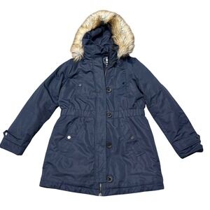 Halitech Womens Parka Jacket Medium Navy Blue Faux Fur Trim Hooded Winter Coat